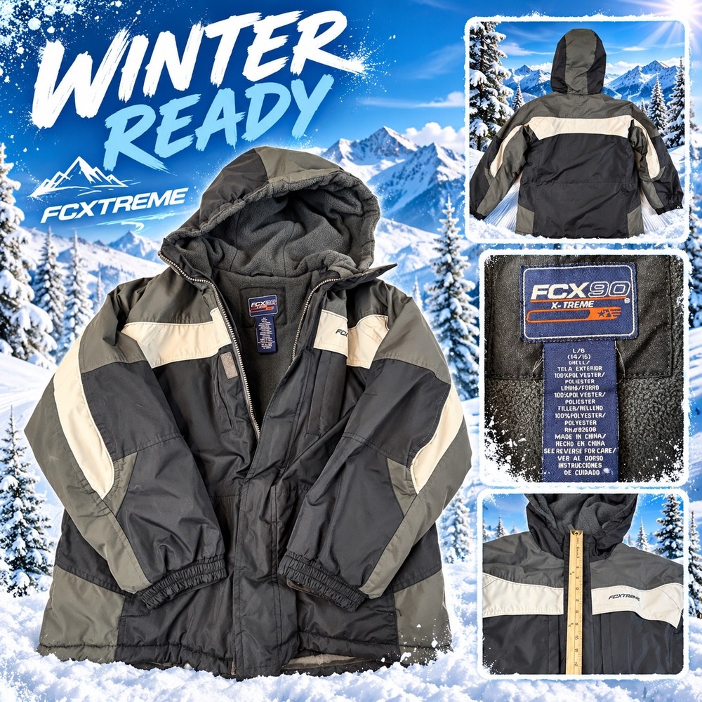 FCX90 X-Treme Mens Winter Jacket Colorblock Hooded Parka Black Grey Size L 14/16